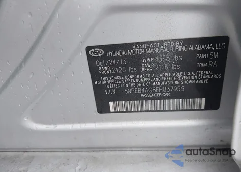 2014 Hyundai Sonata Gls z USA, uszkodzony, nr VIN 5NPEB4AC8EH837959